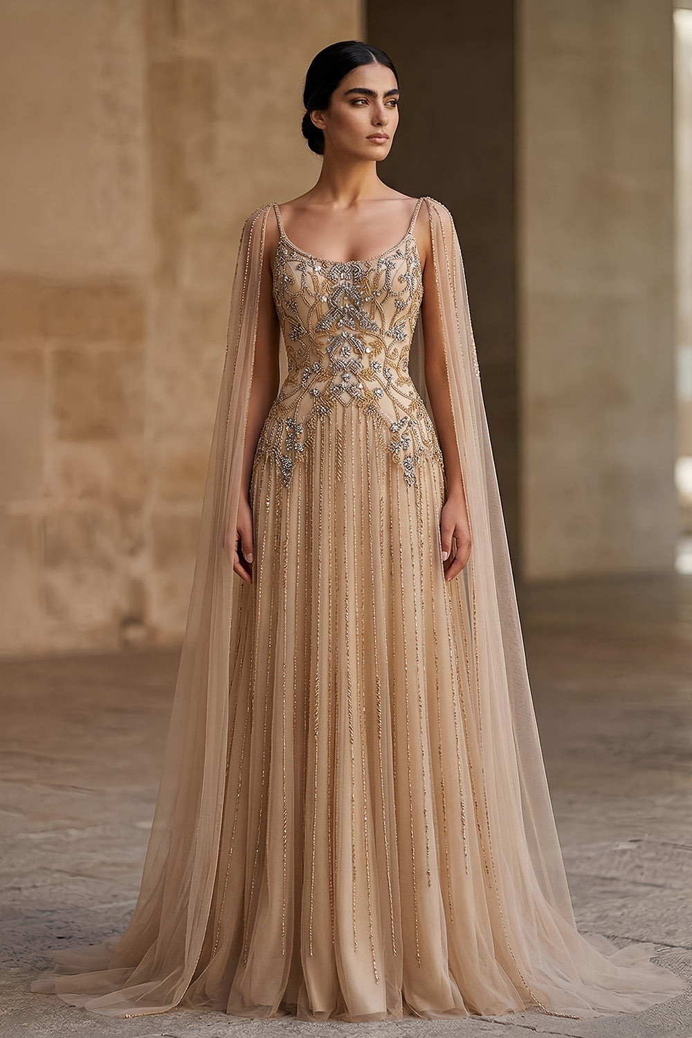 Champagne Beaded Sheer Corset Evening Gown with Draped Cape & Pleated Skirt SS538 Sheer Fairy