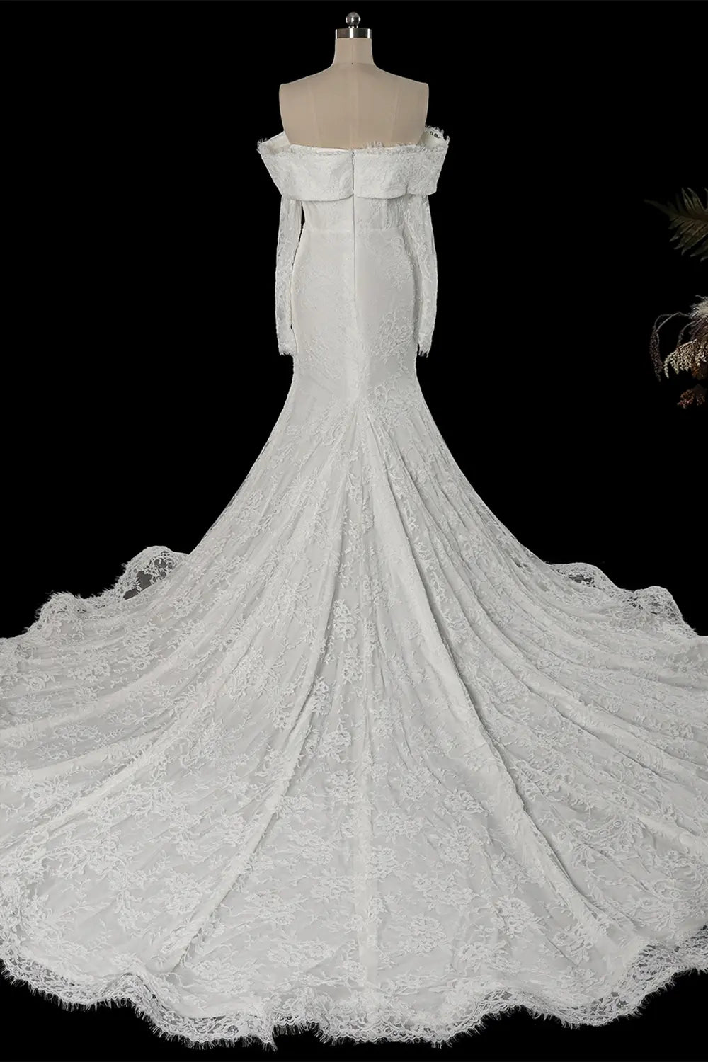 White Off the Shoulder Long Sleeve Lace Bridal Dress with Train SW674 Sheer Fairy