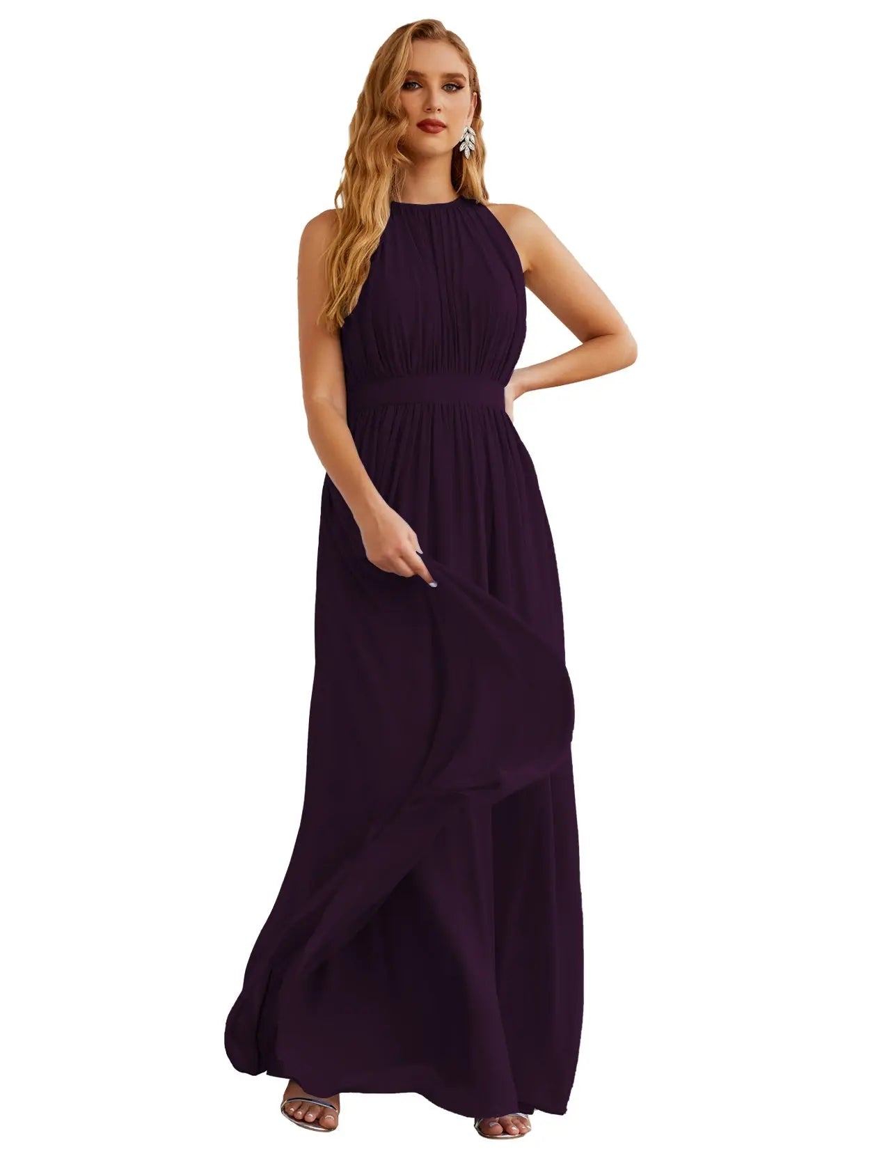 Elegant Dusty Blue High Neck Chiffon A-Line Bridesmaid Dress BS017 Sheer Fairy