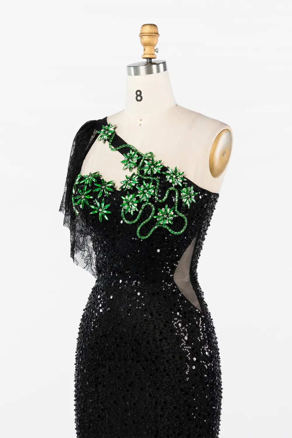 Black One Shoulder Sequin Evening Gown with Green Floral Detail ST048 Sheer Fairy