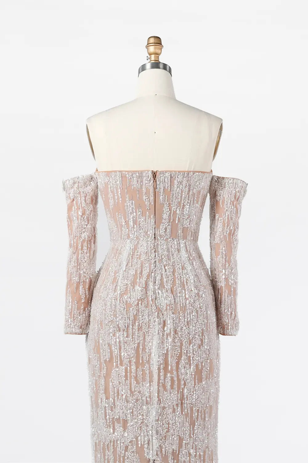 White Nude Linear Sequin Off Shoulder Formal Evening Gown ST035 Sheer Fairy