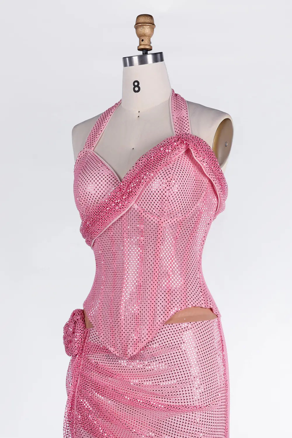 Pink Sequin Halter Corset High Slit Maxi Evening Dress ST036 Sheer Fairy