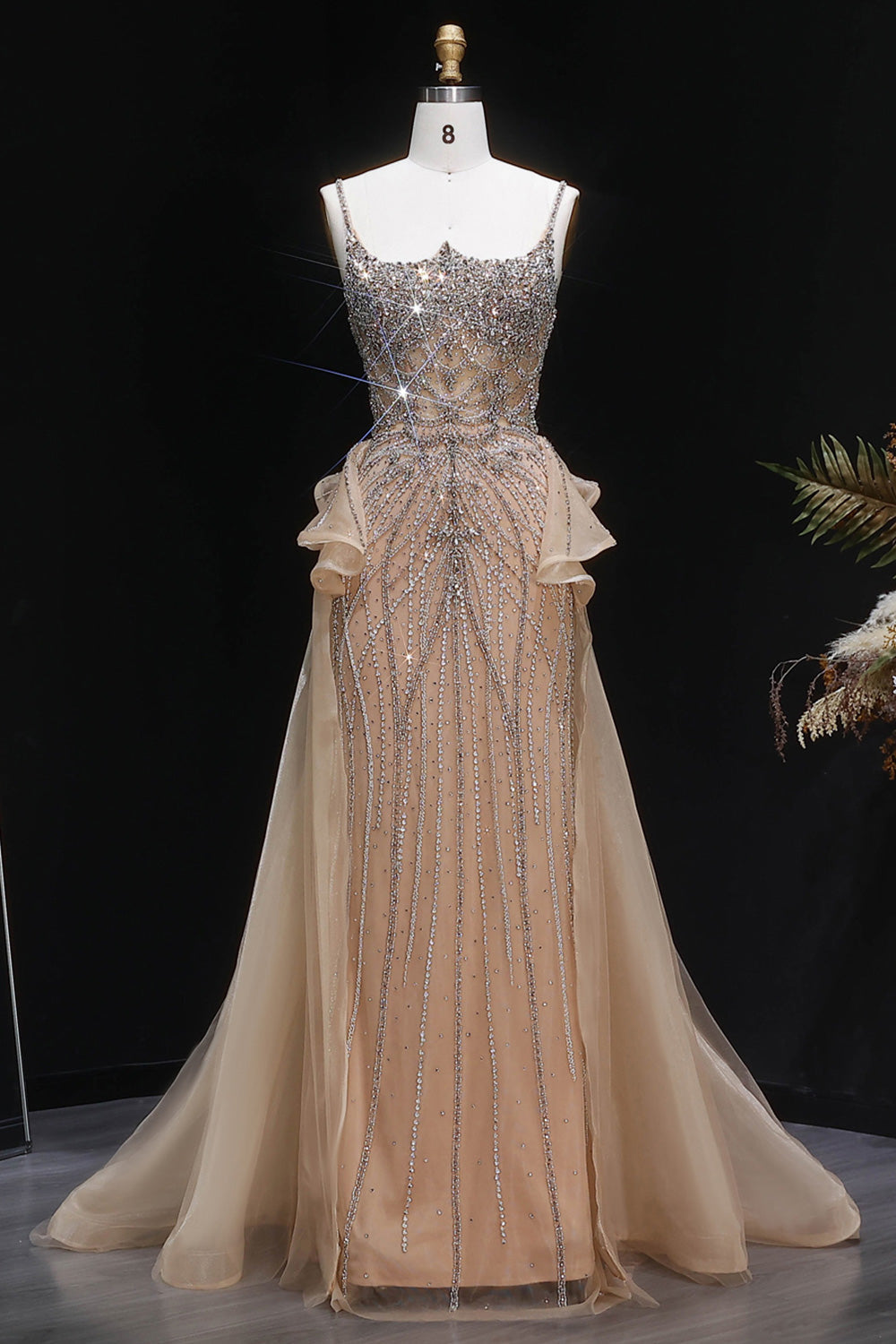 Luxury Beaded Champagne Tulle Formal Evening Dresses for Women SS026 Sheer Fairy