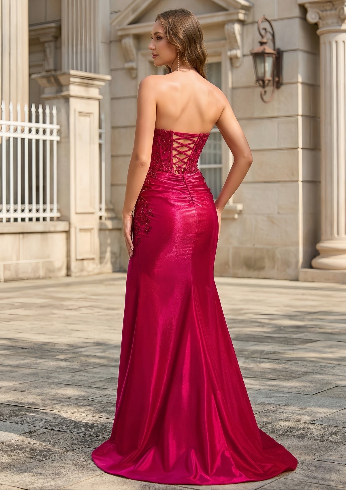 Burgundy Satin Mermaid Prom Dress with Beaded Lace & High Slit SH709 Sheer Fairy