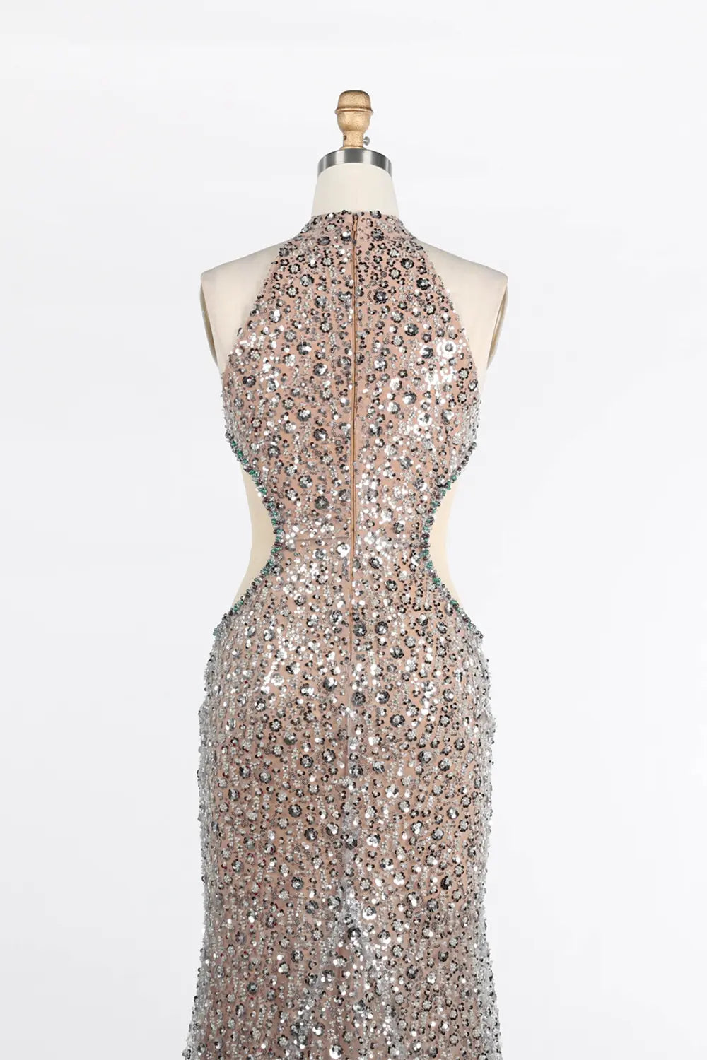 Champagne Halter Cutout Sequin Mermaid Evening Dress ST038 Sheer Fairy