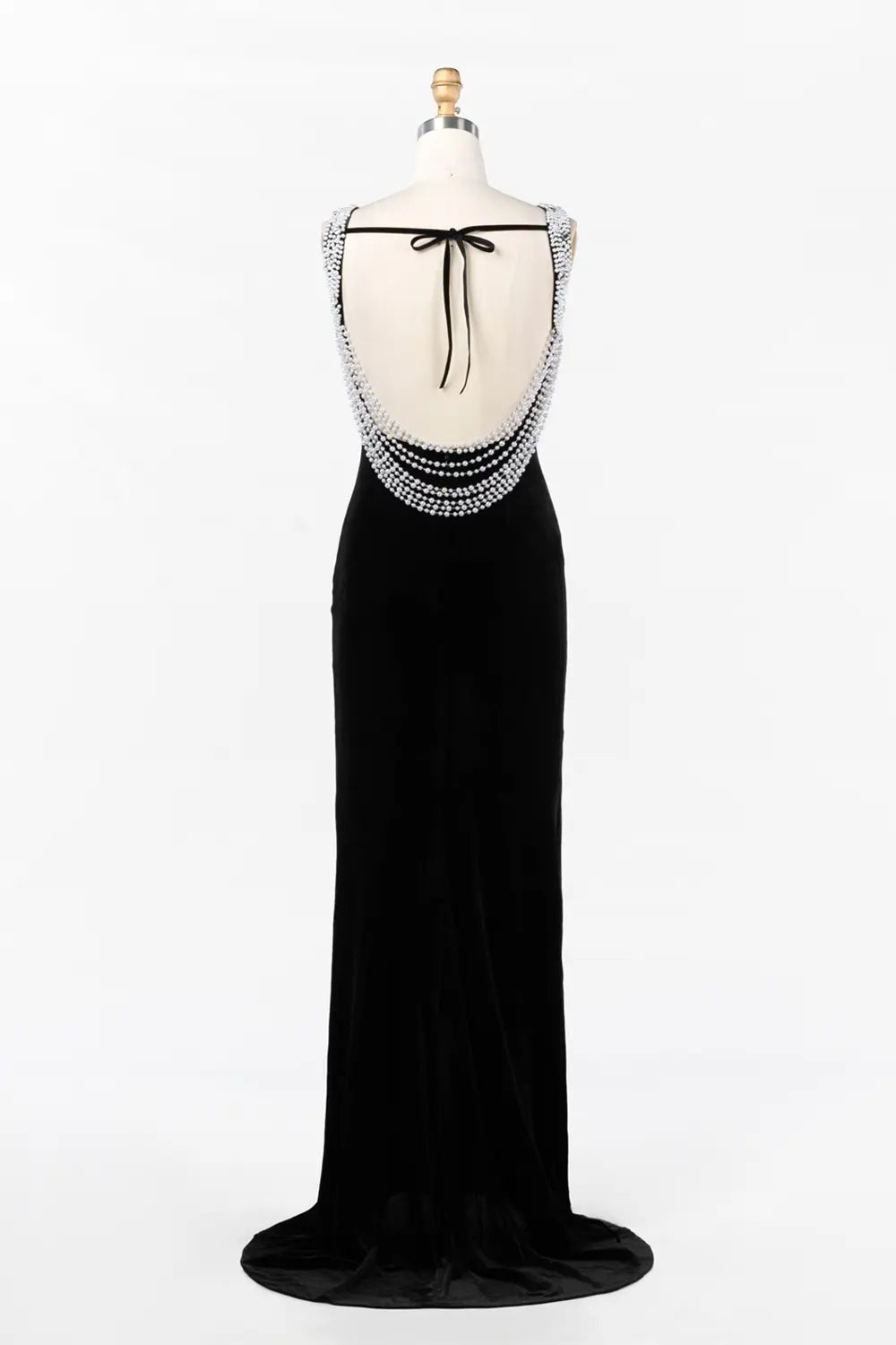 Black Velvet Beaded Neck Open Back Evening Gown ST046 Sheer Fairy