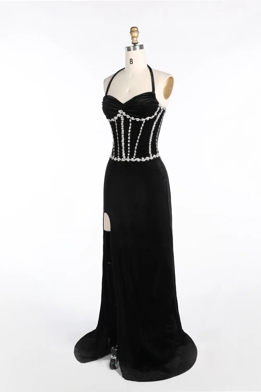 Black Halter Corset Slit Velvet Evening Dress ST094 Sheer Fairy