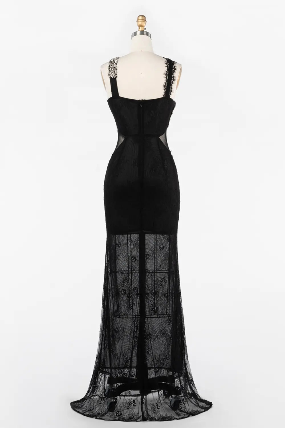 Black Asymmetrical Crystal Strap Sheer Lace Evening Gown ST045 Sheer Fairy