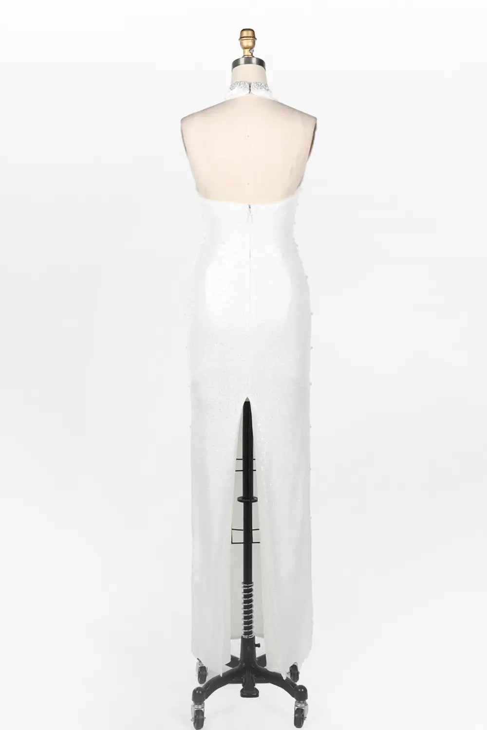 White Halter Pearl Beaded Backless Evening Dress ST091 Sheer Fairy