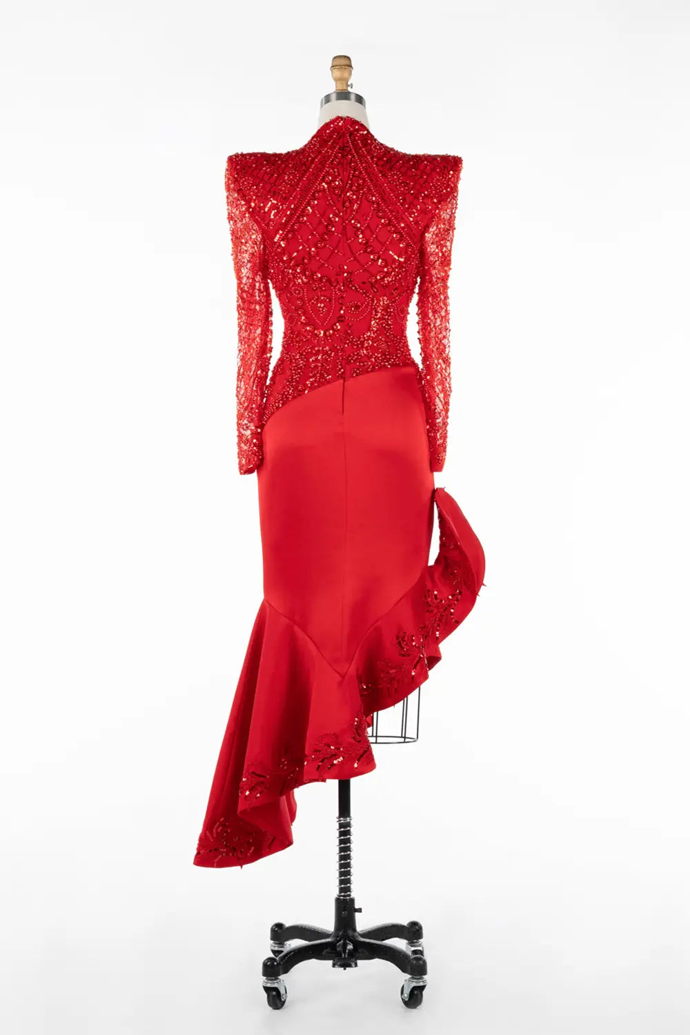 Red Beaded Sequin Asymmetrical Ruffle Midi Dress ST044 Sheer Fairy