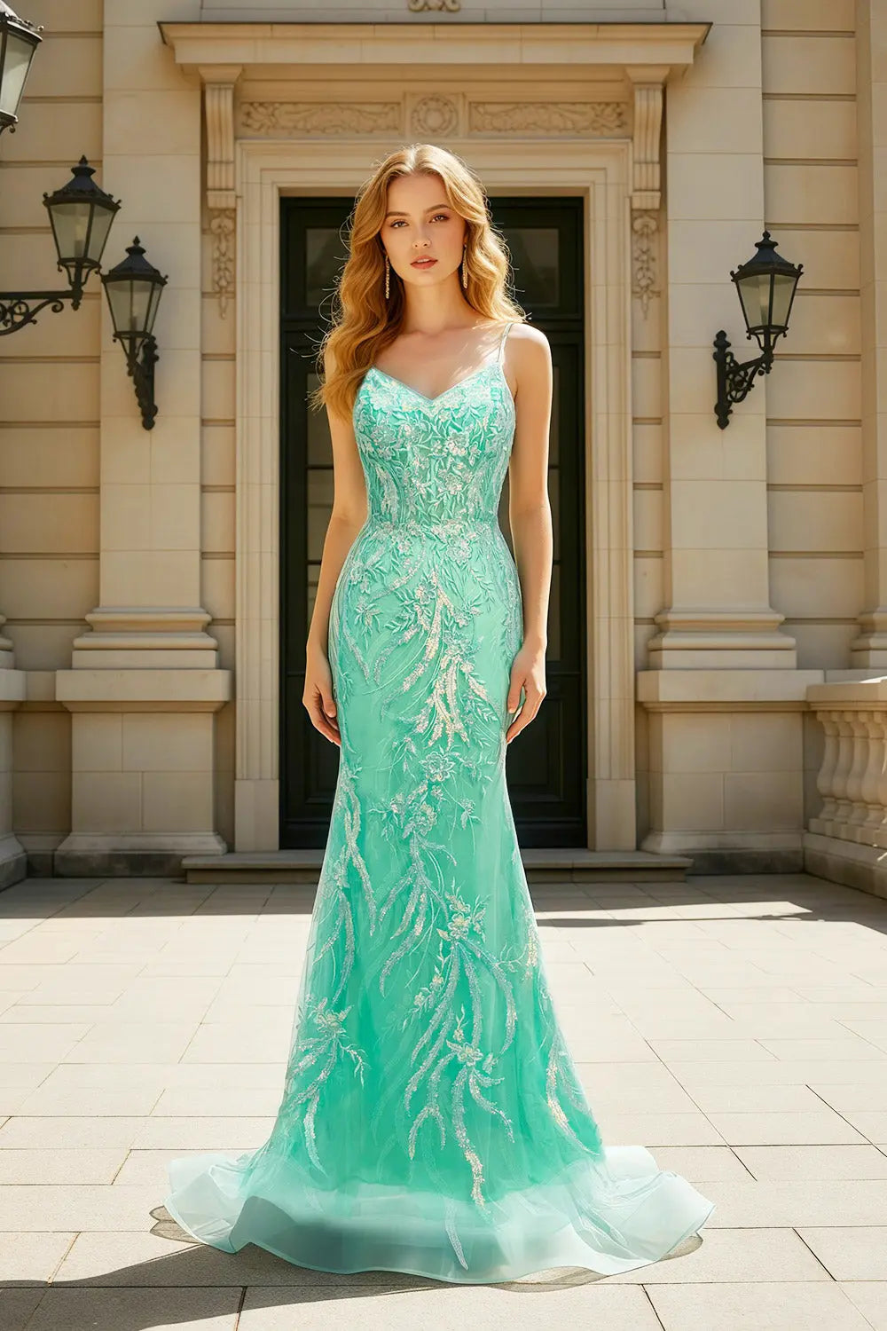 Strapless Sheath Turquoise Satin Lace Teal Prom Dress SH407 Sheer Fairy