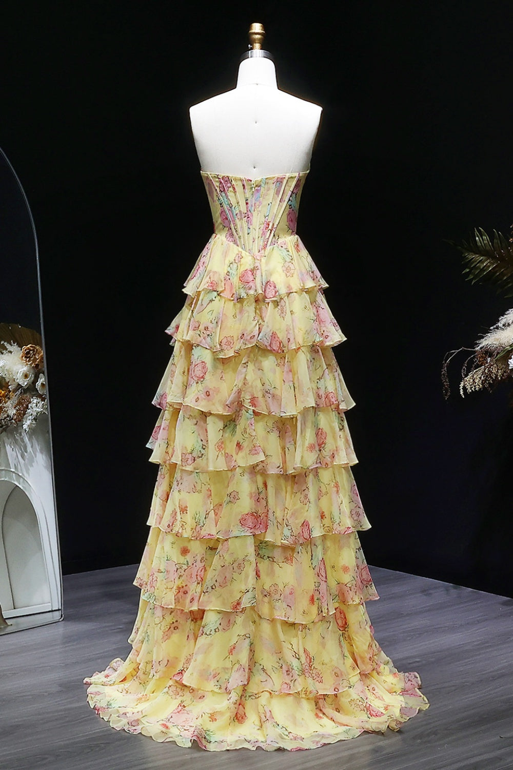 Organza Yellow Floral Strapless Ball Gown Prom Dress SH401 Sheer Fairy