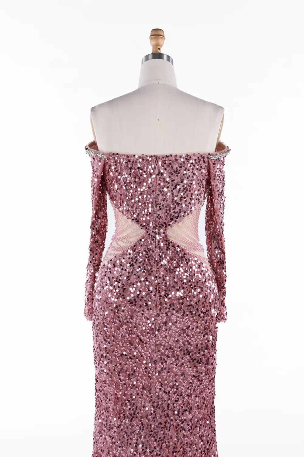 Elegant Pink Beaded Off Shoulder Sequin Evening Dress ST054 Sheer Fairy