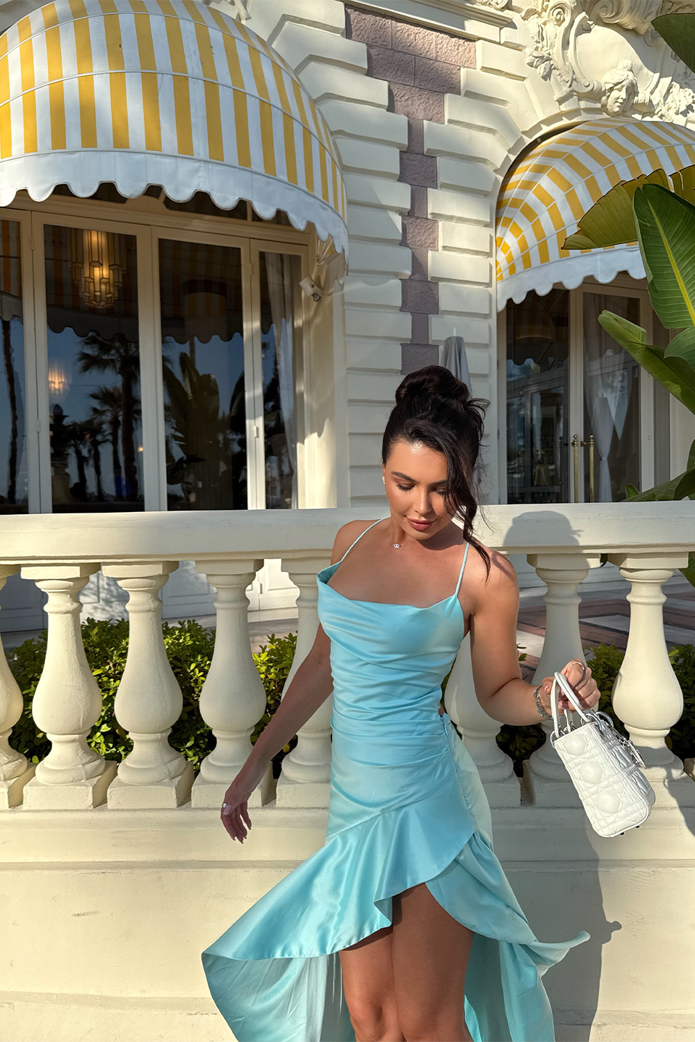 Aqua Blue Satin Backless Evening Dress Cowl Neck Asymmetric High Slit Prom Gown RM257 Sheer Fairy