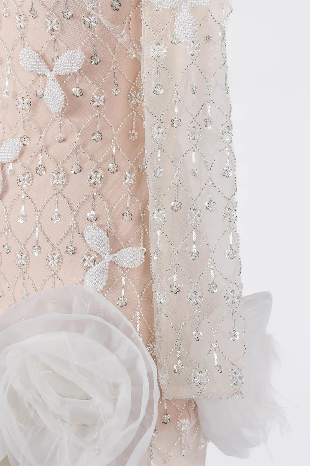 White Nude Long Sleeve Beaded 3D Floral Hem Mini Evening Dress ST037 Sheer Fairy