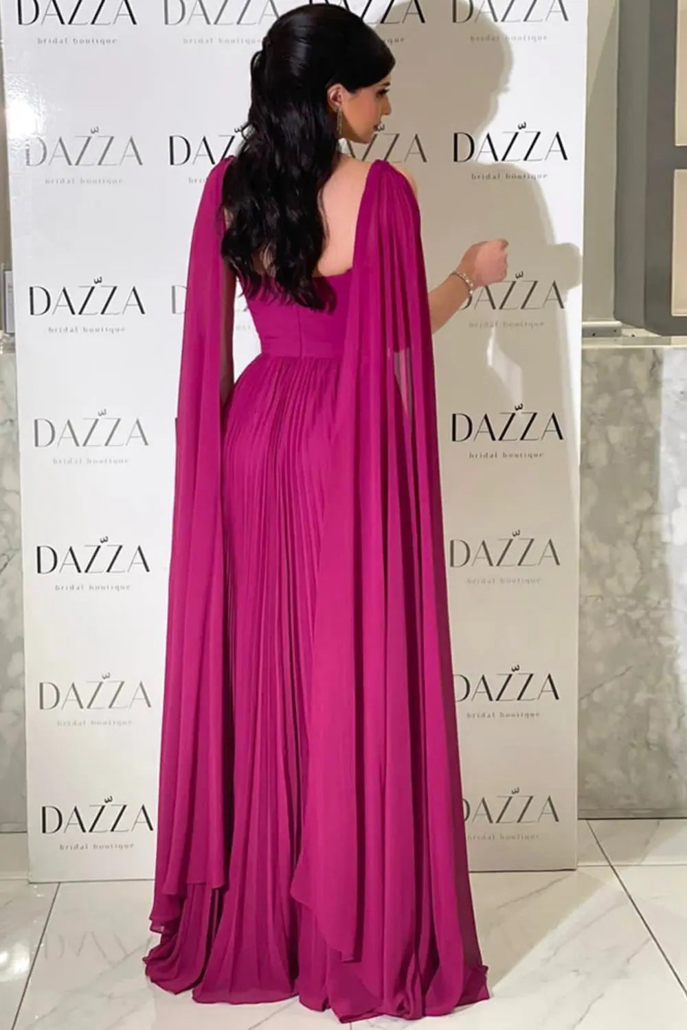 Elegant Fuchsia Chiffon Evening Dress with Cape Sleeves SF090 Sheer Fairy