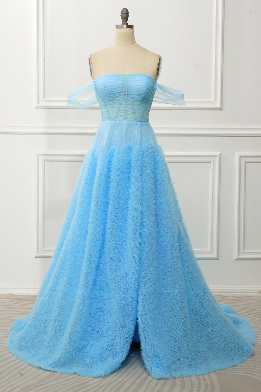 Sky Blue Lace Off-the-Shoulder Ball Gown Prom Dress SH445 Sheer Fairy