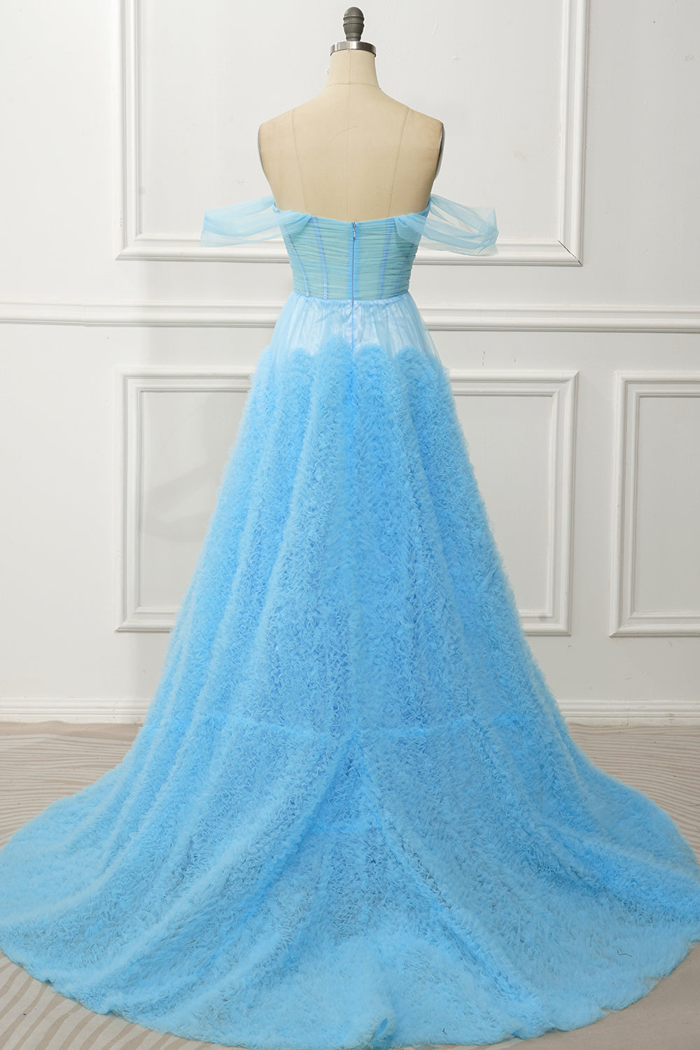 Sky Blue Lace Off-the-Shoulder Ball Gown Prom Dress SH445 Sheer Fairy