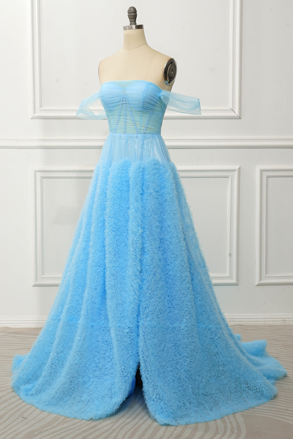 Sky Blue Lace Off-the-Shoulder Ball Gown Prom Dress SH445 Sheer Fairy