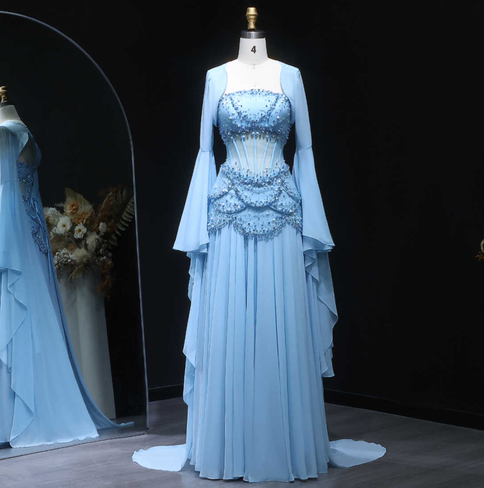Luxury Blue Beaded Formal Evening Gown with Bell Sleeves SS286 Sheer Fairy