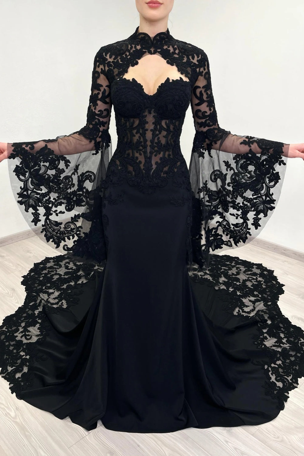Black Gothic Lace A-Line Mandarin Collar Wedding Dress SW560 Sheer Fairy