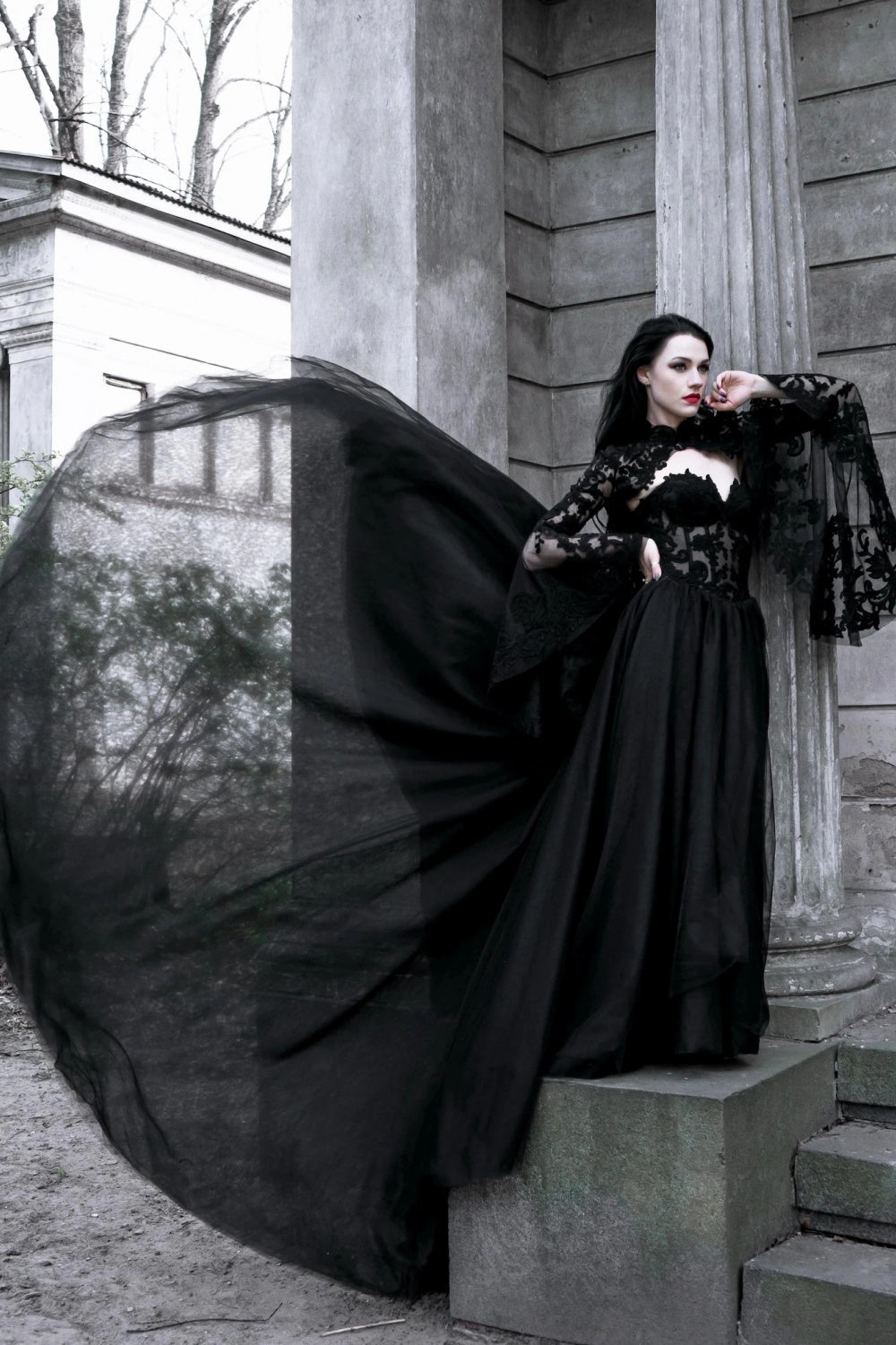 Black Gothic Lace A-Line Mandarin Collar Wedding Dress SW560 Sheer Fairy