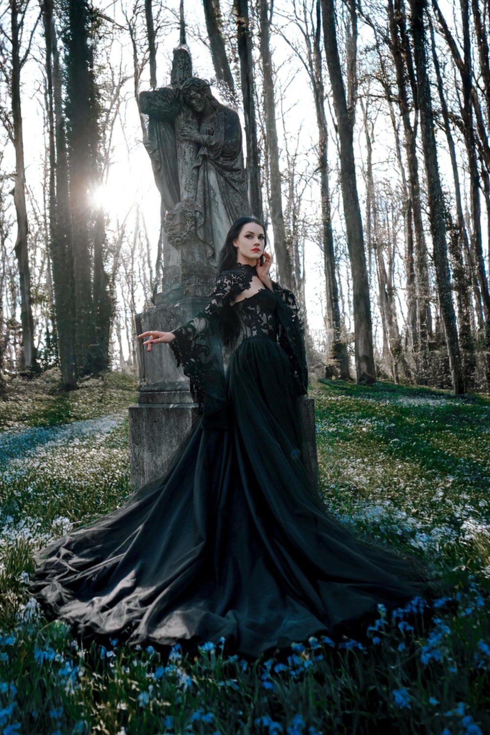 Black Gothic Lace A-Line Mandarin Collar Wedding Dress SW560 Sheer Fairy