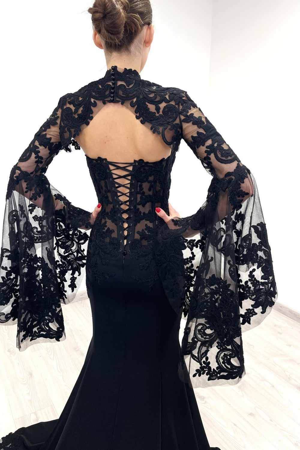 Black Fancy Lace Mermaid Mandarin Collar Wedding Dress SW562 Sheer Fairy