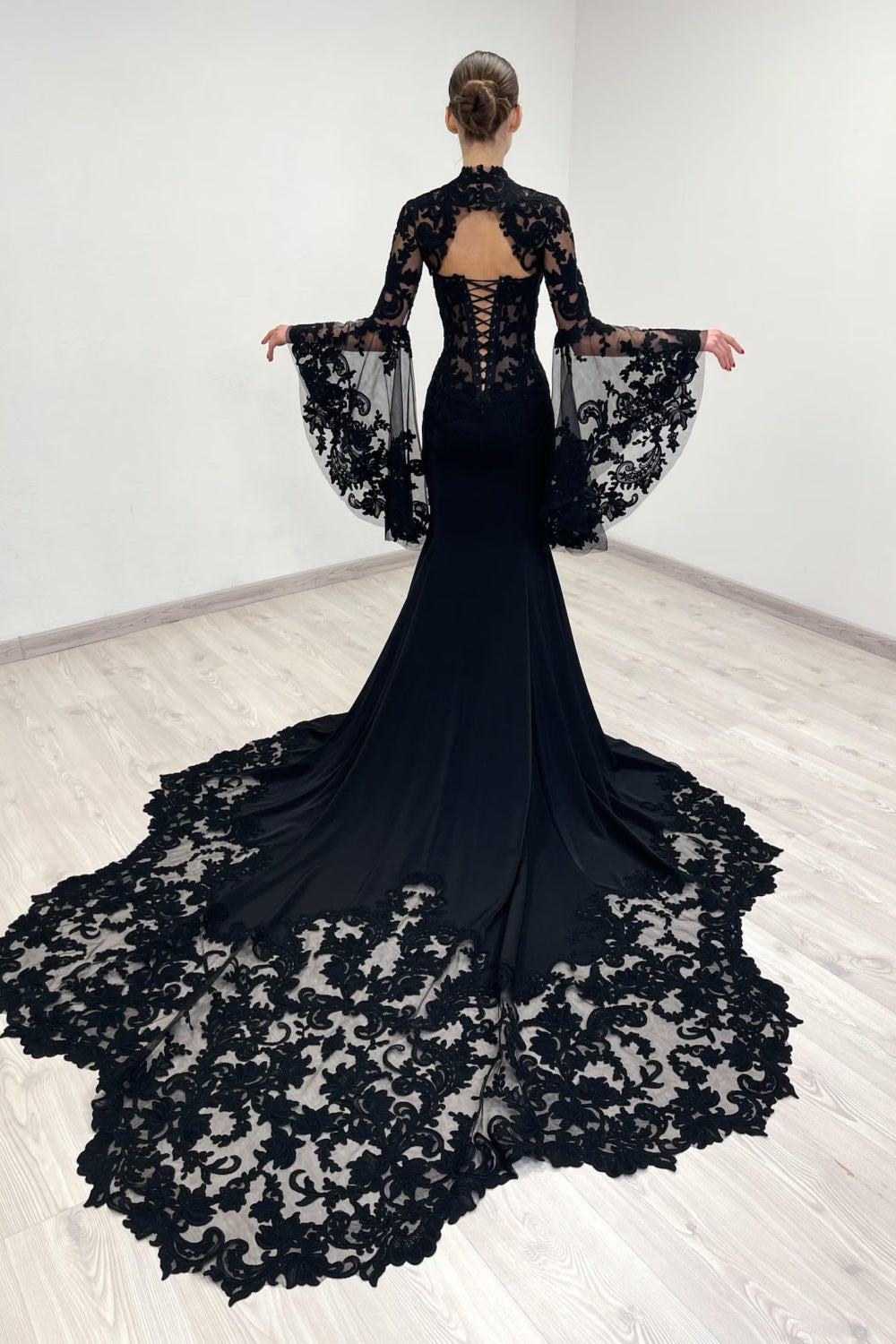 Black Fancy Lace Mermaid Mandarin Collar Wedding Dress SW562 Sheer Fairy