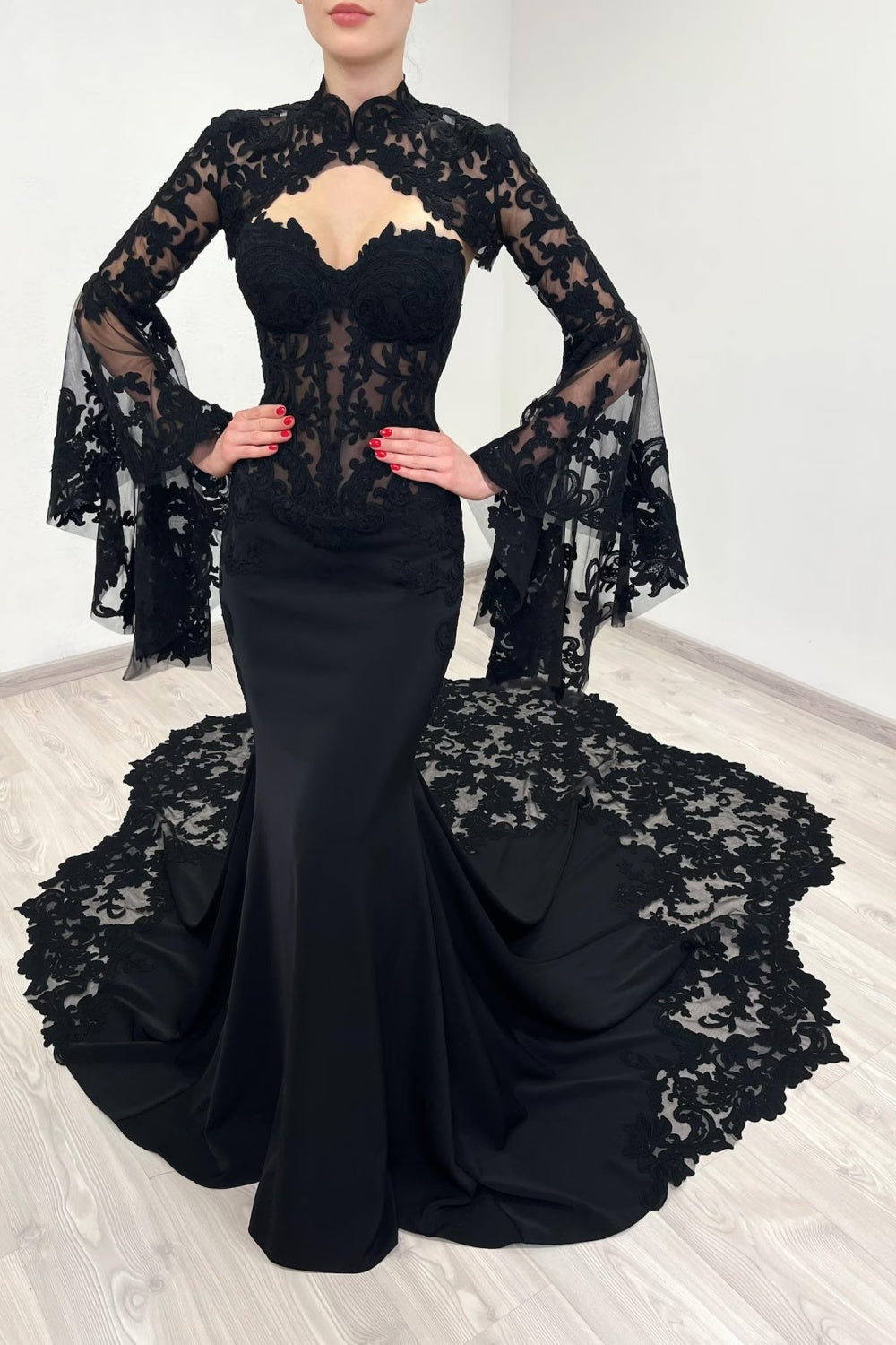 Black Fancy Lace Mermaid Mandarin Collar Wedding Dress SW562 Sheer Fairy