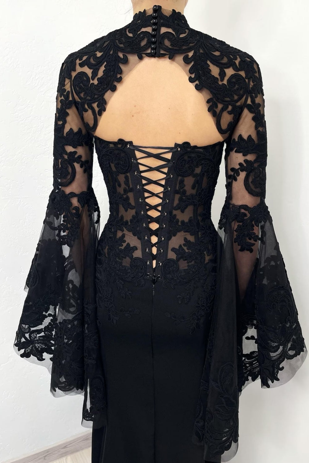 Black Fancy Lace Mermaid Mandarin Collar Wedding Dress SW562 Sheer Fairy