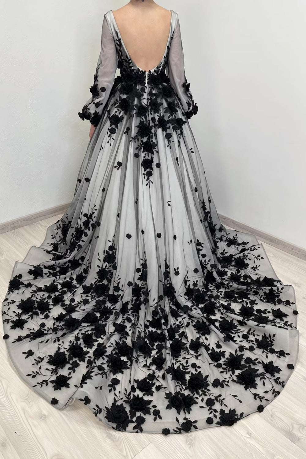 Black Floral Embroidery Sheer Tulle A-Line Wedding Dress SW550 Sheer Fairy