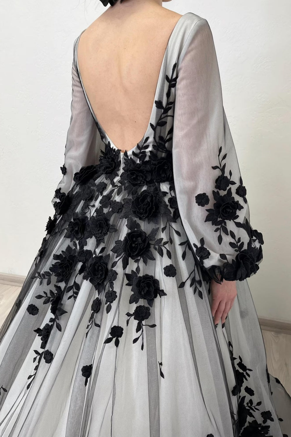 Black Floral Embroidery Sheer Tulle A-Line Wedding Dress SW550 Sheer Fairy