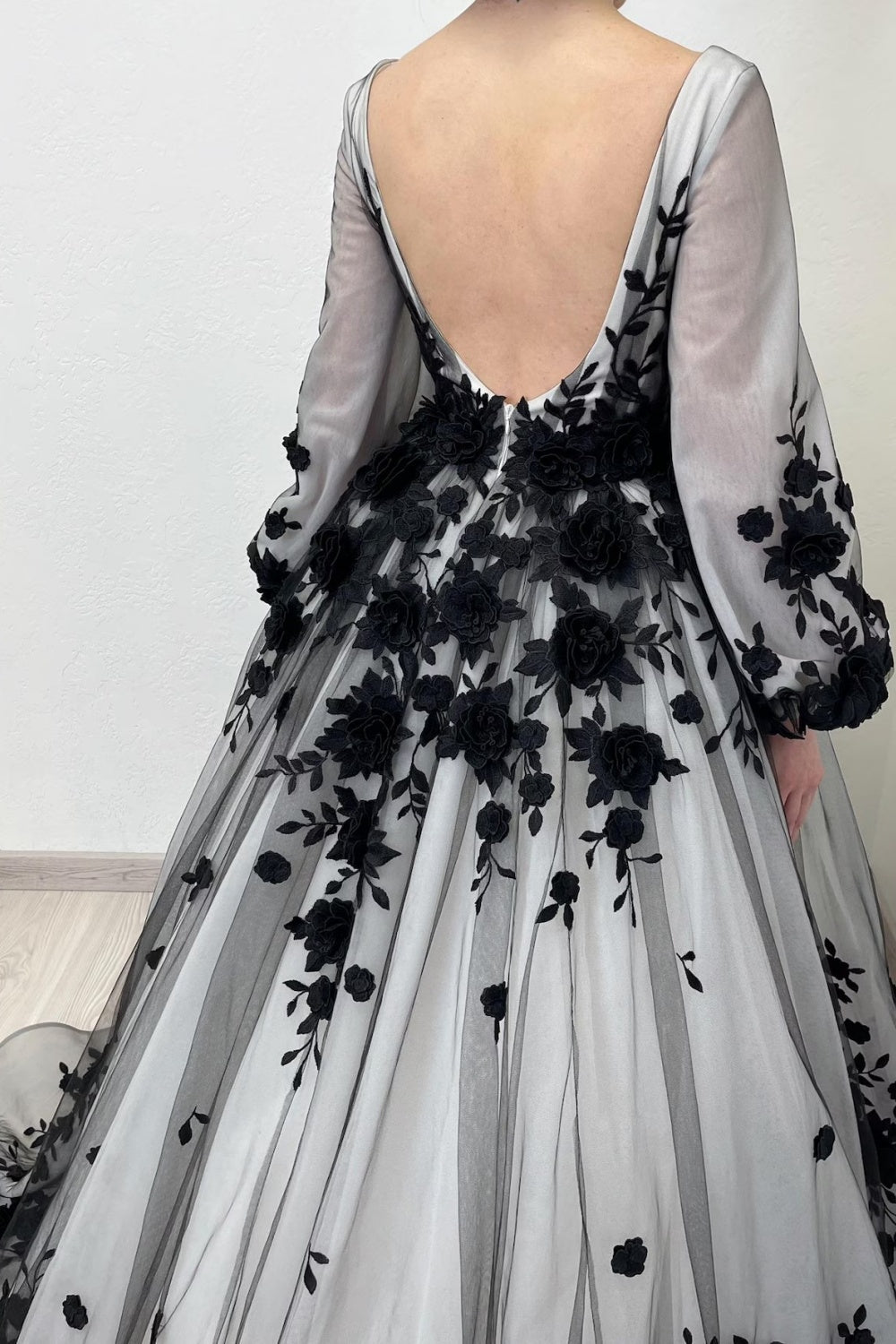 Black Floral Embroidery Sheer Tulle A-Line Wedding Dress SW550 Sheer Fairy