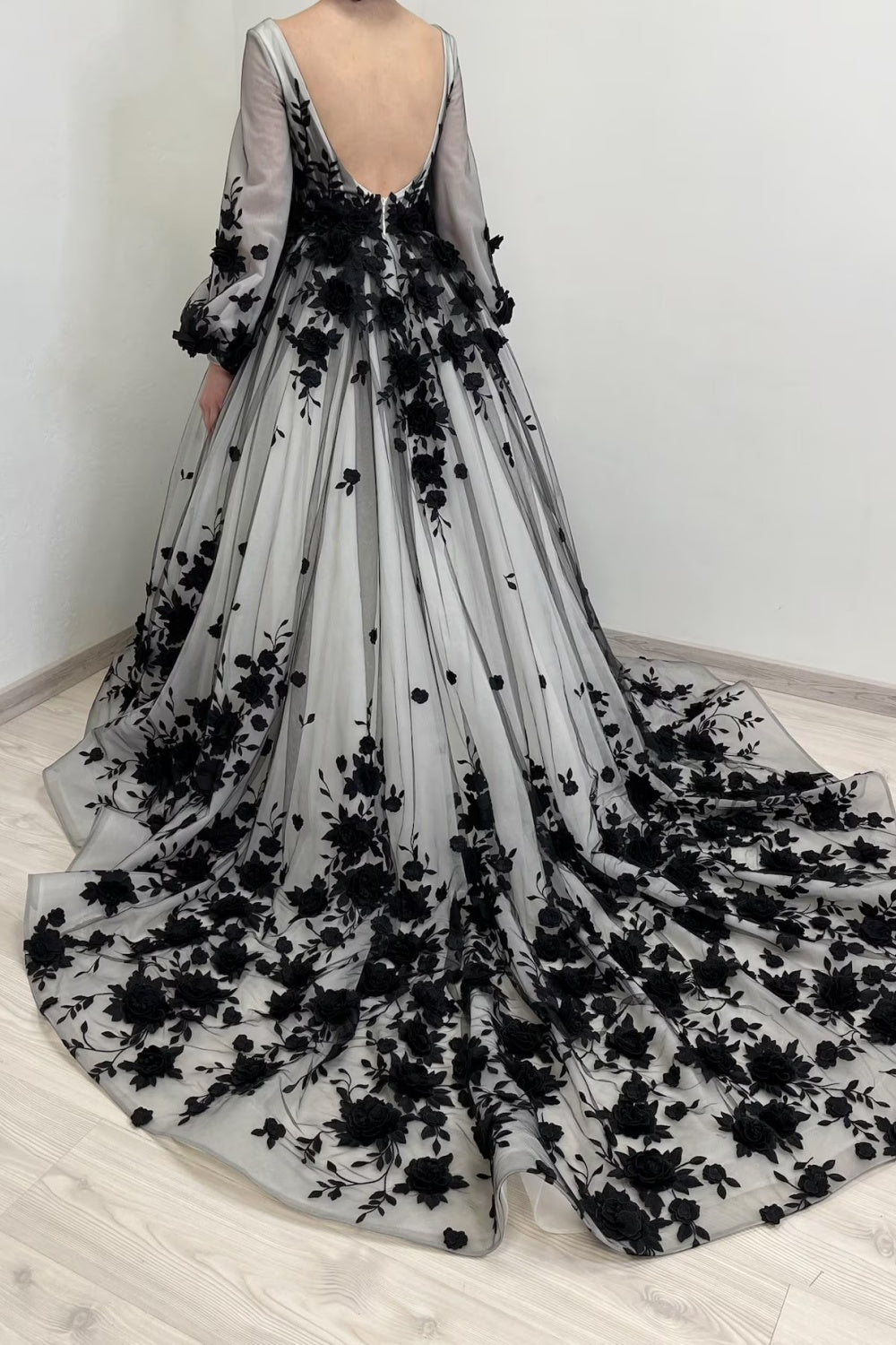 Black Floral Embroidery Sheer Tulle A-Line Wedding Dress SW550 Sheer Fairy