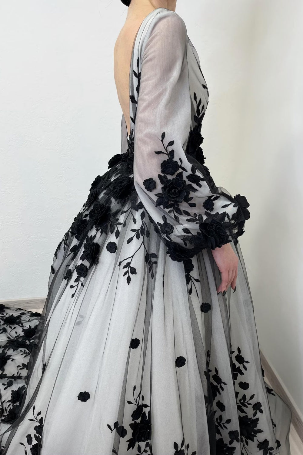 Black Floral Embroidery Sheer Tulle A-Line Wedding Dress SW550 Sheer Fairy