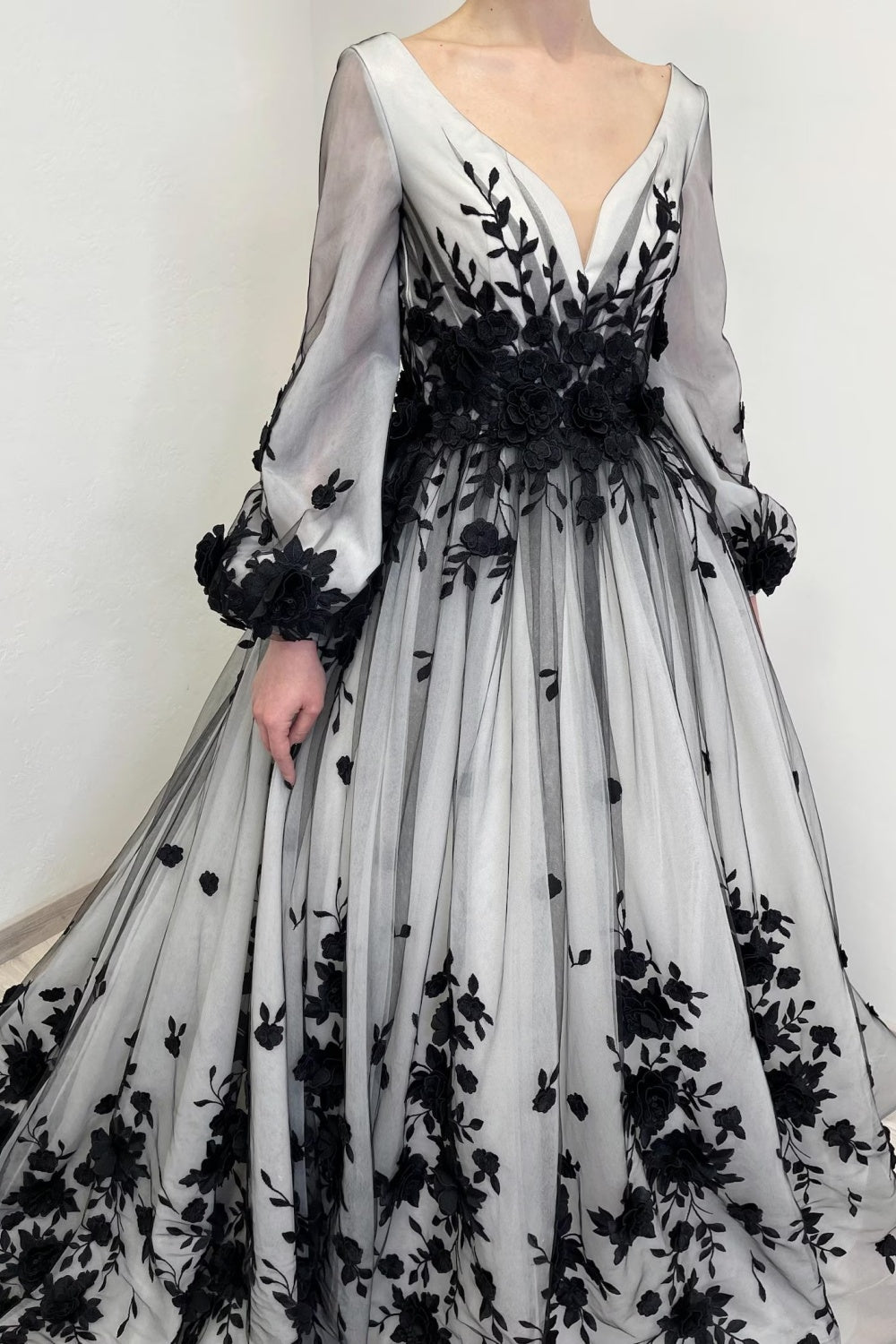 Black Floral Embroidery Sheer Tulle A-Line Wedding Dress SW550 Sheer Fairy