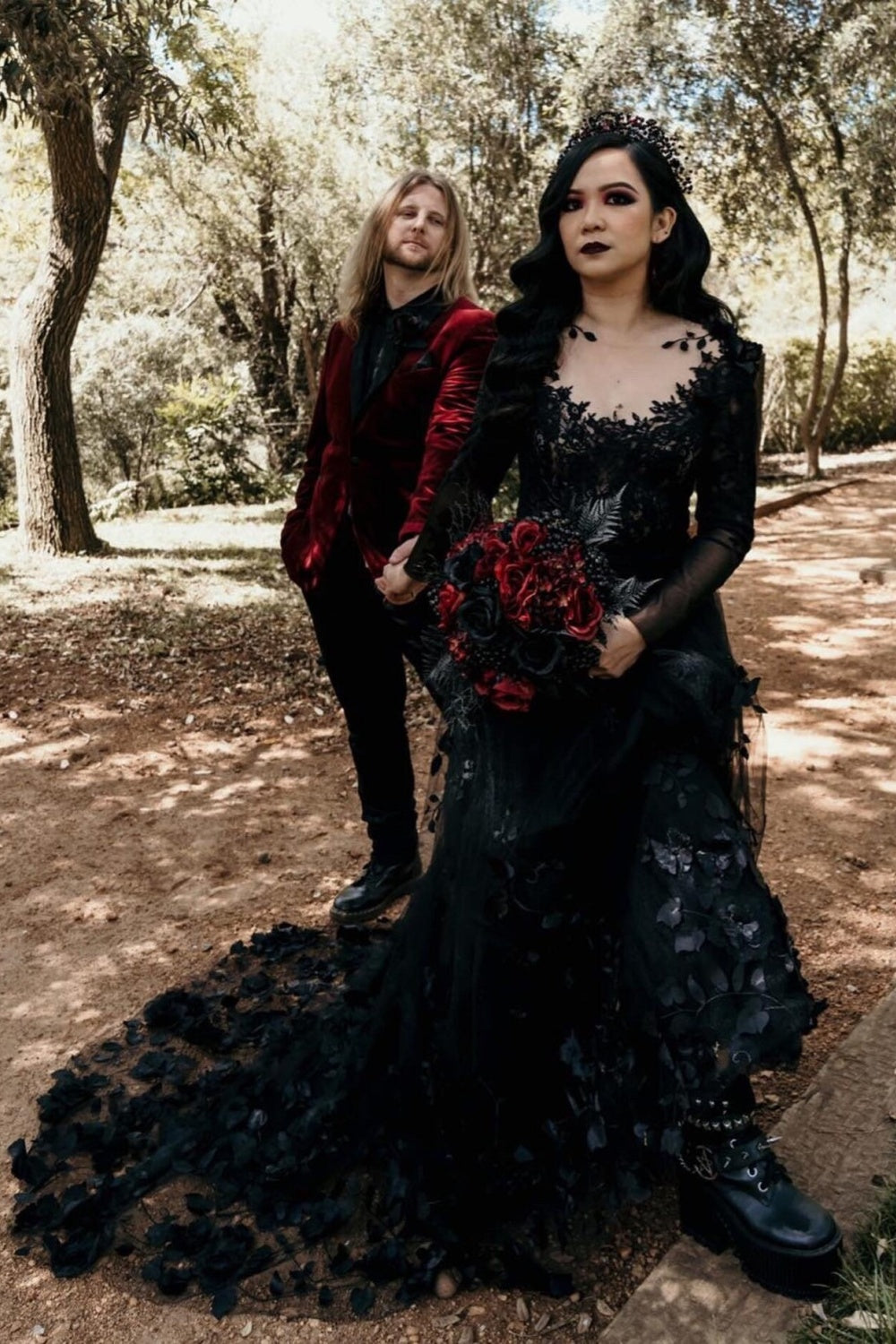 Black Gothic 3D Floral Lace A-Line Wedding Dress with Long Sleeves SW551 Sheer Fairy