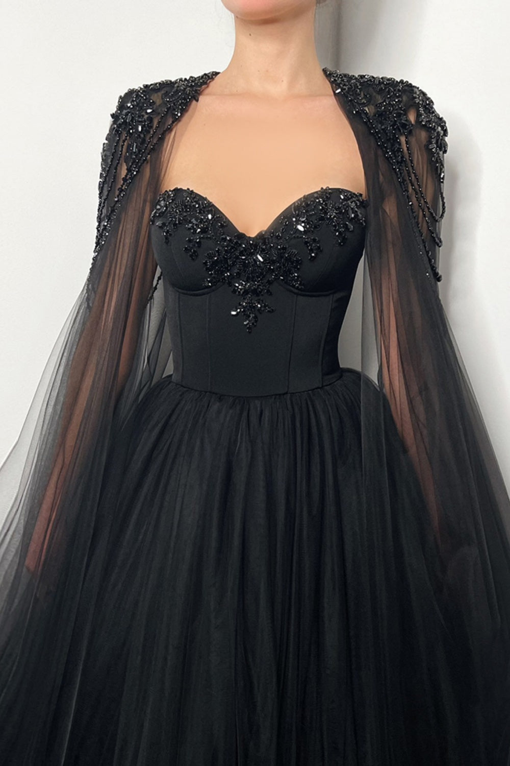 Black Beaded Strapless Detachable Capelet Ball Gown Wedding Dress SW564 Sheer Fairy