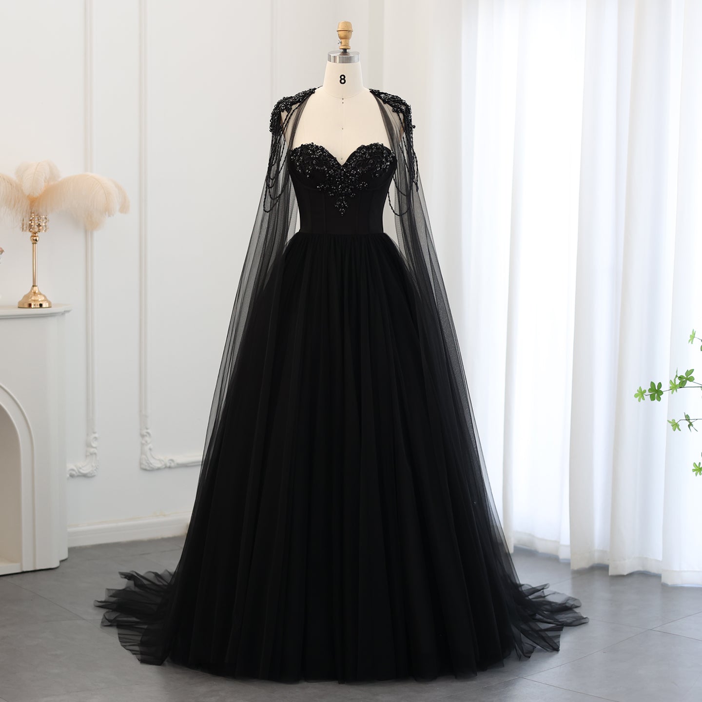 Black Beaded Strapless Detachable Capelet Ball Gown Wedding Dress SW564