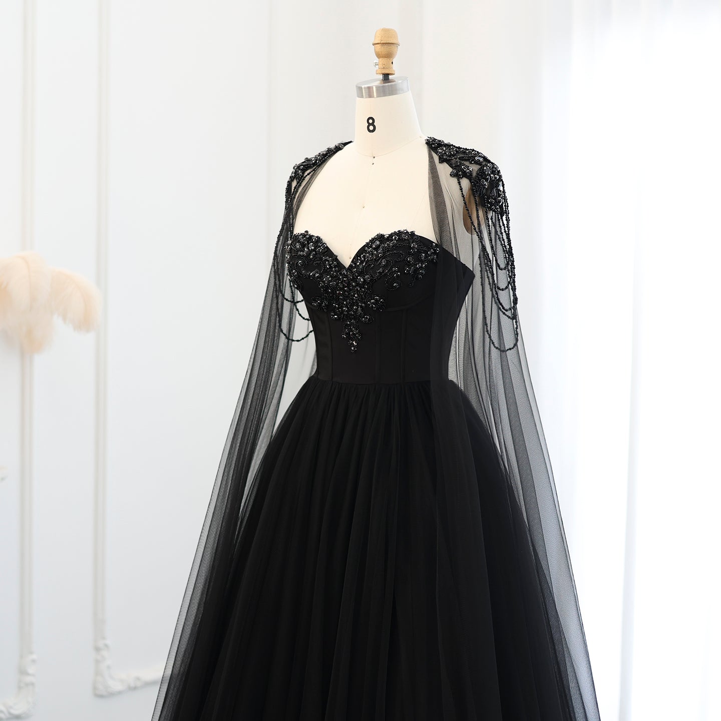 Black Beaded Strapless Detachable Capelet Ball Gown Wedding Dress SW564