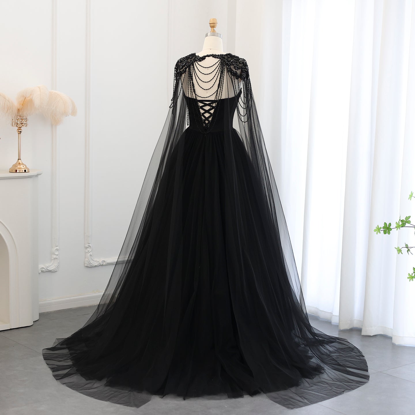 Black Beaded Strapless Detachable Capelet Ball Gown Wedding Dress SW564