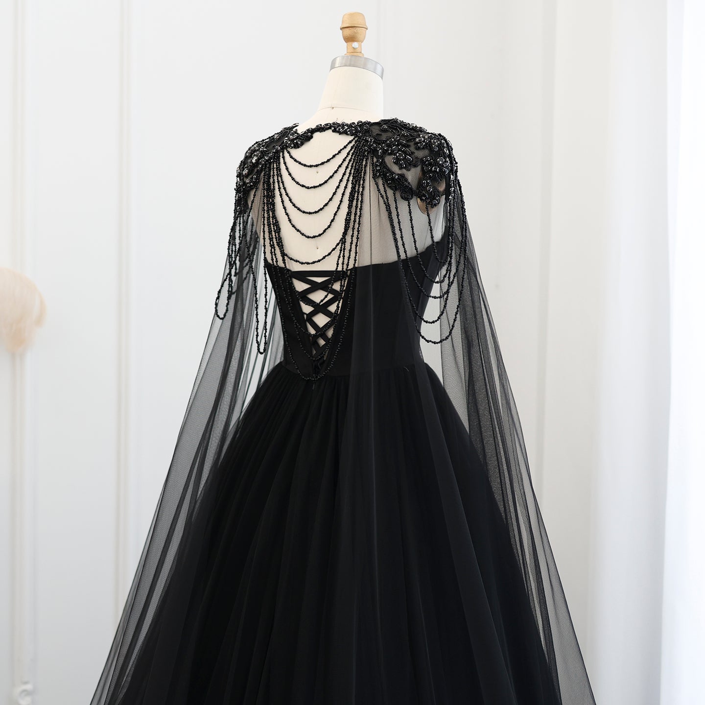 Black Beaded Strapless Detachable Capelet Ball Gown Wedding Dress SW564
