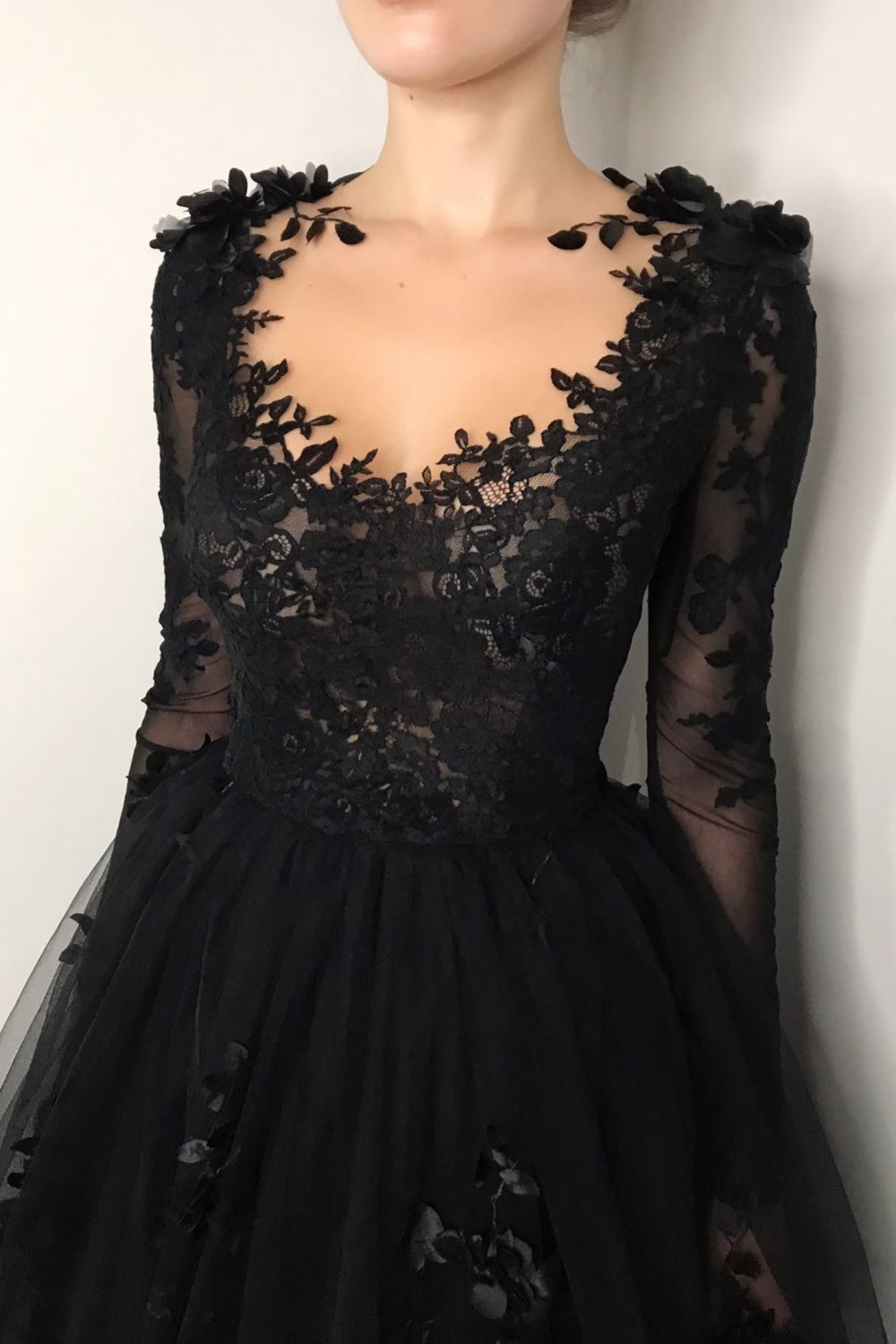 Black Gothic 3D Floral Lace A-Line Wedding Dress with Long Sleeves SW551 Sheer Fairy