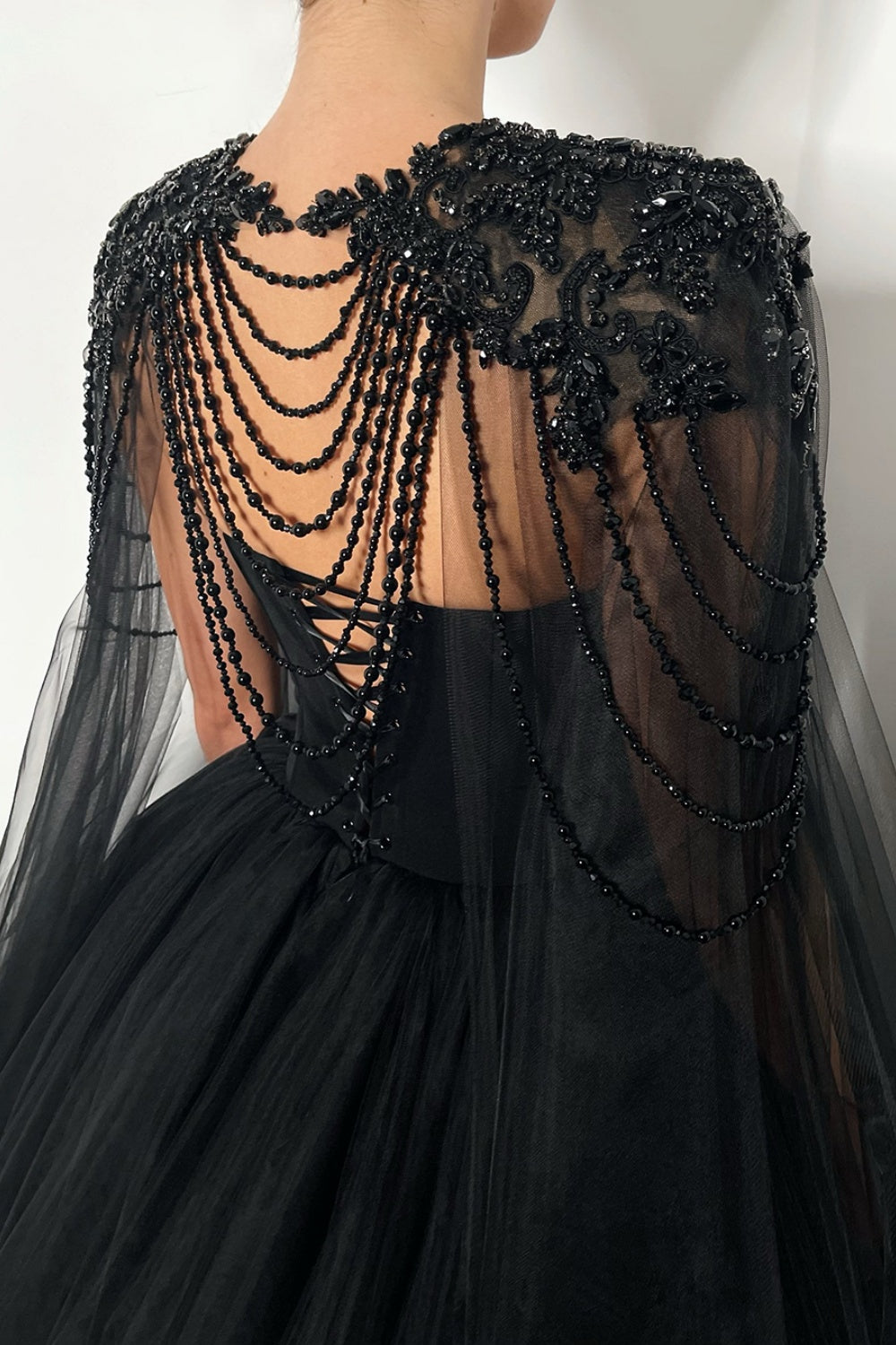 Black Beaded Strapless Detachable Capelet Ball Gown Wedding Dress SW564 Sheer Fairy