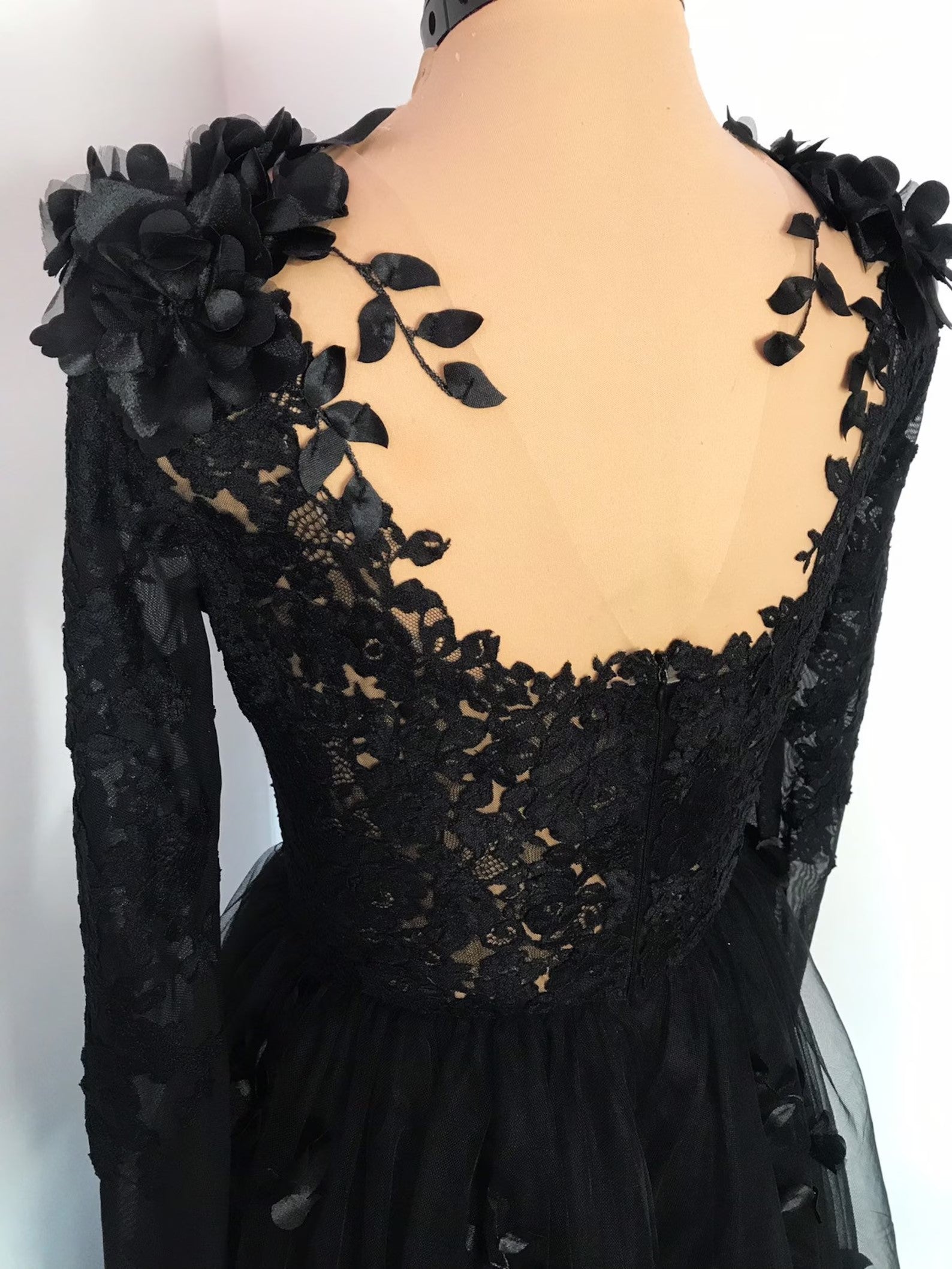Black Gothic 3D Floral Lace A-Line Wedding Dress with Long Sleeves SW551