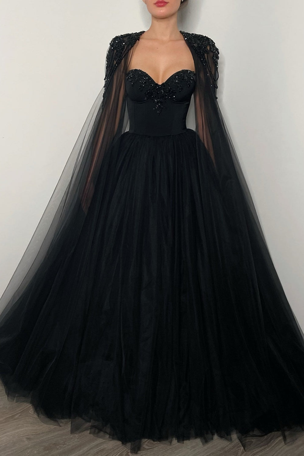 Black Beaded Strapless Detachable Capelet Ball Gown Wedding Dress SW564 Sheer Fairy