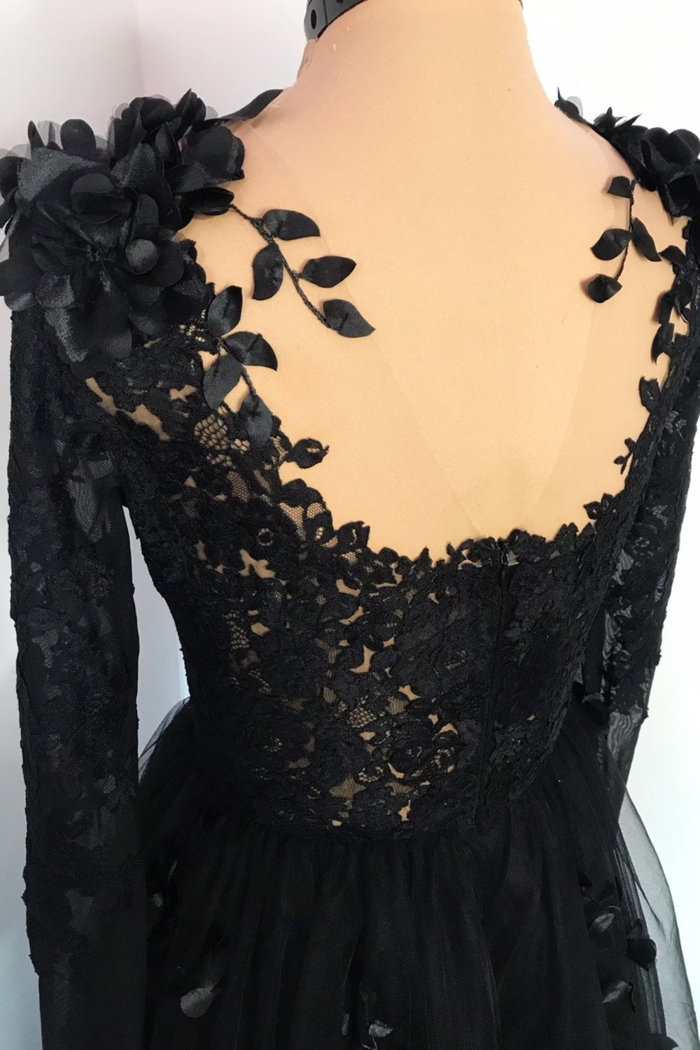 Black Gothic 3D Floral Lace A-Line Wedding Dress with Long Sleeves SW551 Sheer Fairy