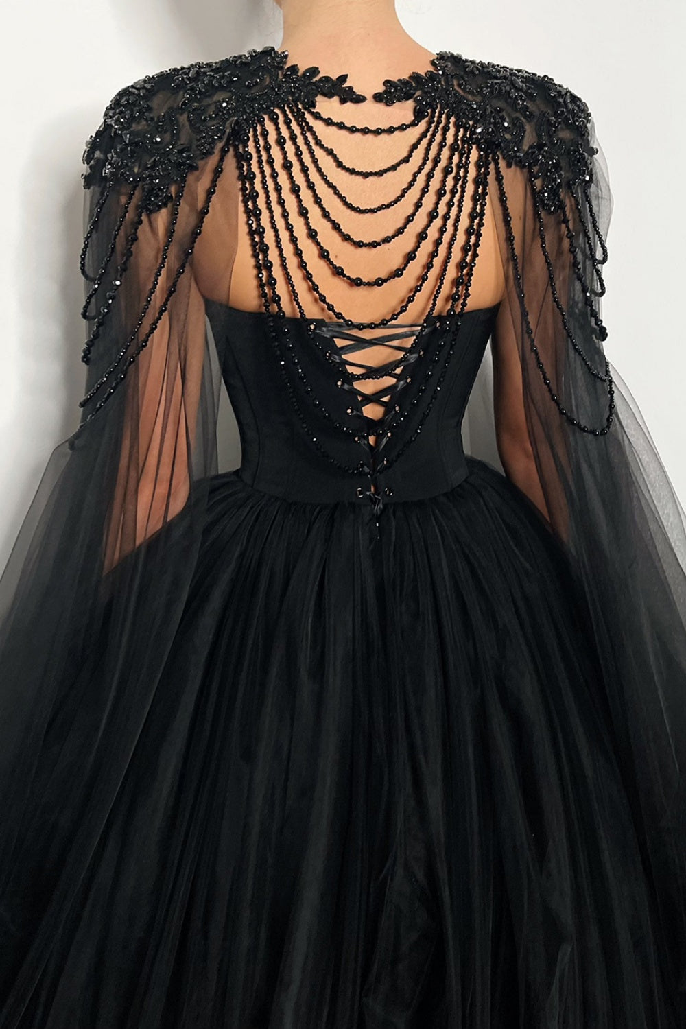 Black Beaded Strapless Detachable Capelet Ball Gown Wedding Dress SW564 Sheer Fairy