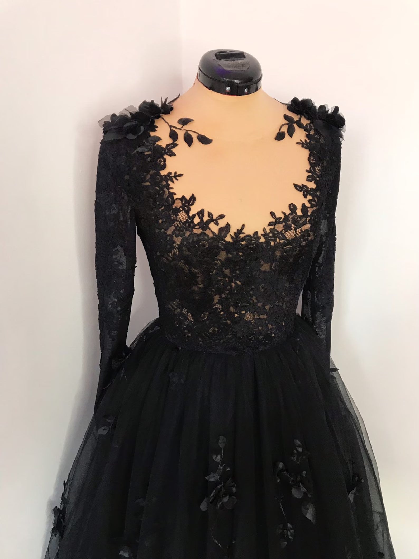 Black Gothic 3D Floral Lace A-Line Wedding Dress with Long Sleeves SW551